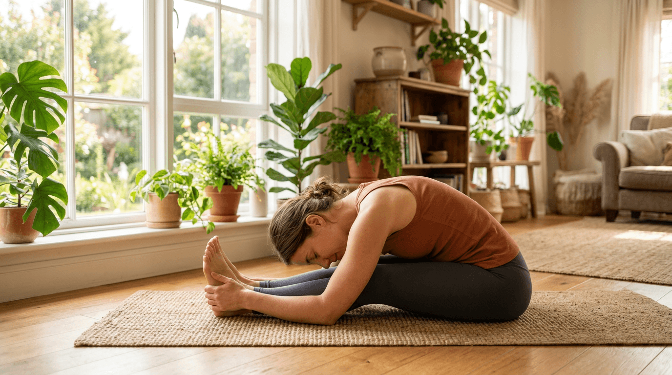 Mujer practicando yoga online en casa con MoodCycling
